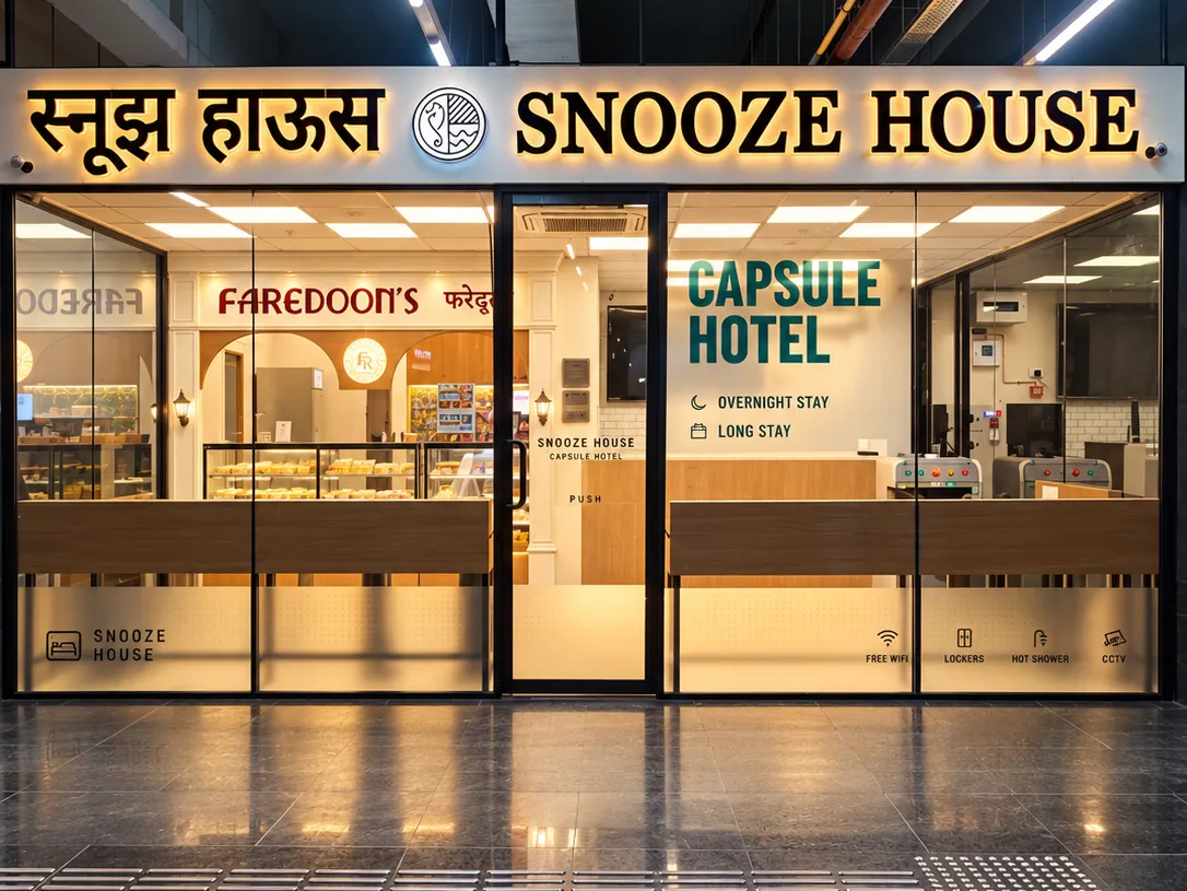 Snooze House shopfront inside Andheri West Metro station