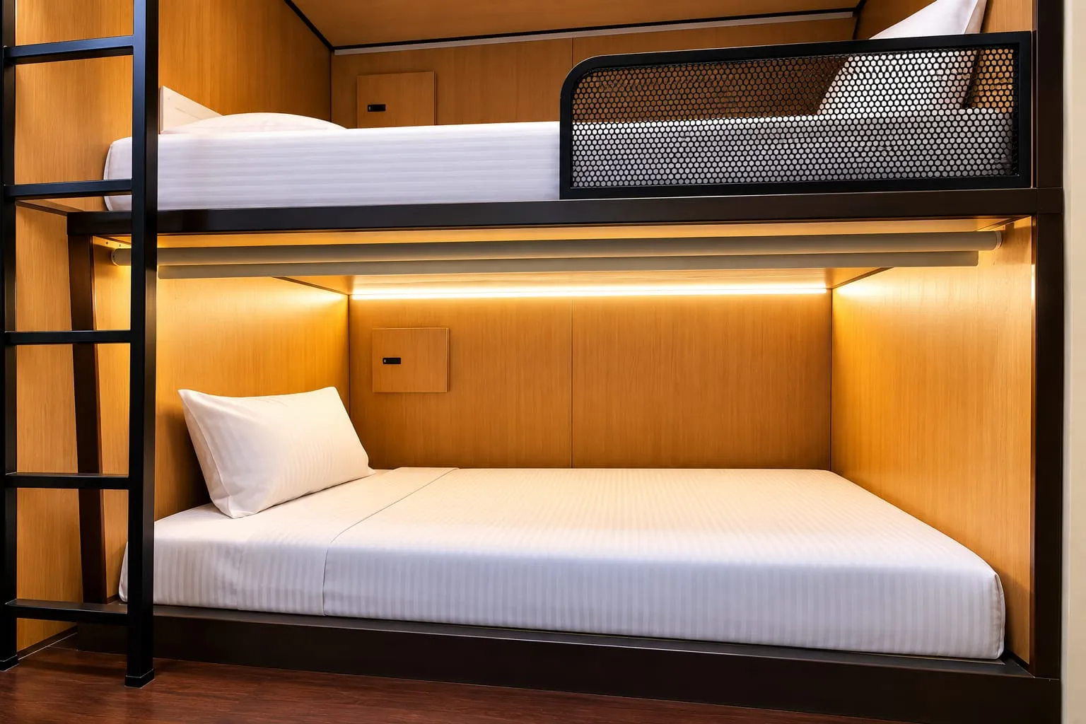 A lower and an upper pod with white linen and warm strip lighting
