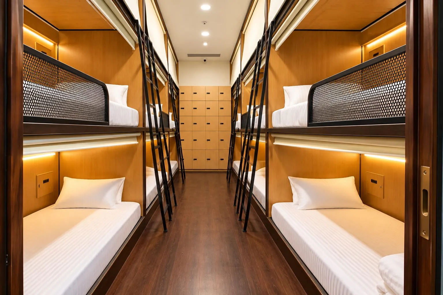 Two rows of warm-lit capsule pods at Snooze House Andheri West