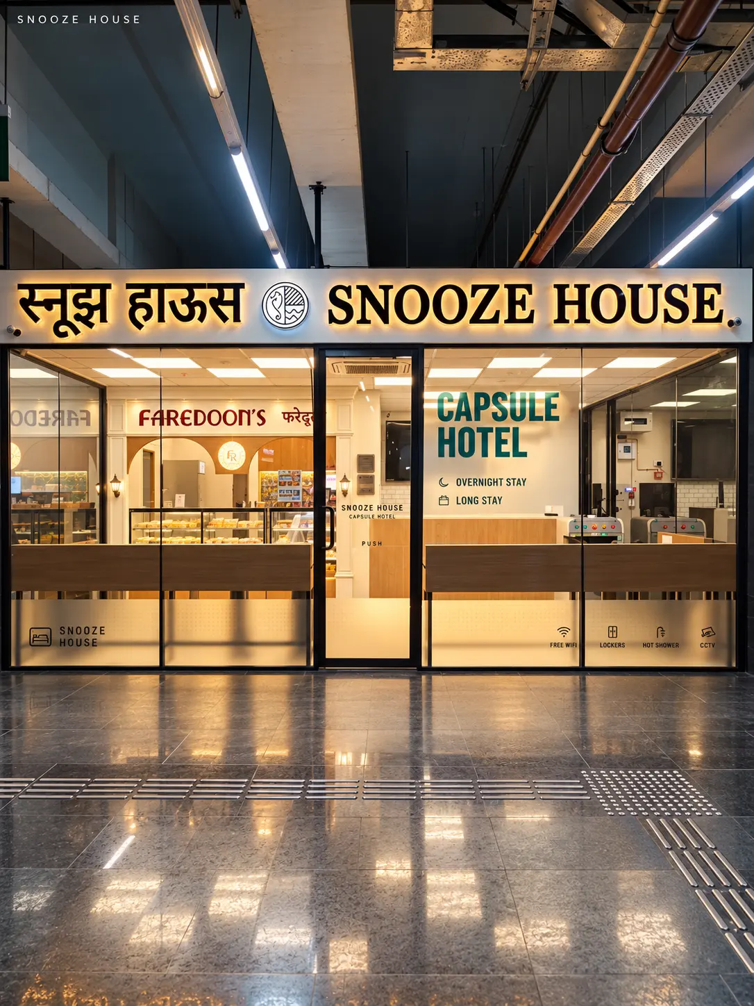 Snooze House shopfront with glowing signage on the metro station concourse